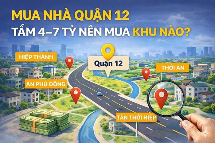 tạo ảnh minh họa cho tôi để tôi đăng làm ảnh đại diện, không cần hình người, CHÚ ý vẽ đúng dấu câu lổi chính tả. Chủ đề: Mua nhà Quận 12 tầm 4–7 tỷ nên mua khu nào Hiệp Thành, An Phú Đông, Thới An, Tân Thới Hiệp